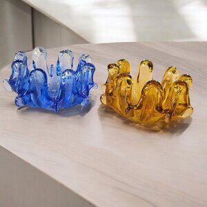 Vintage Murano 8 Finger Dish Ash Trays Art Glass Amber Cobalt Blue Sticker Retro